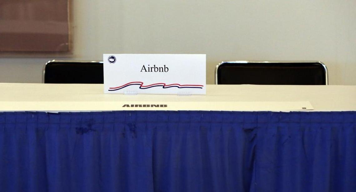Airbnb has a table in the lobby of the Fontainebleau Miami Beach Hotel, which will be hosting the United States Conference of Mayors beginning Friday, June 23, 2017. The annual convention of city leaders begins Friday and runs through Monday, June 26, 2017 on Miami Beach.