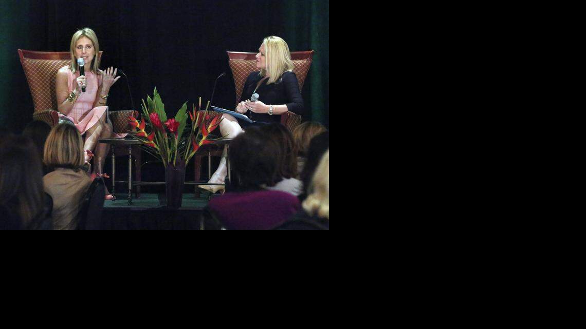 
Laurie Ann Goldman, left, CEO and founder of LA Ventures and former CEO of Spanx, gestures as she is interviewed by Katie Kempner, right, EVP/Chief Communications Officer of CP+B, during the Commonwealth Institute's 11th annual Leadership Luncheon on Thursday Oct. 23, 2014 at Jungle Island in Miami. 
