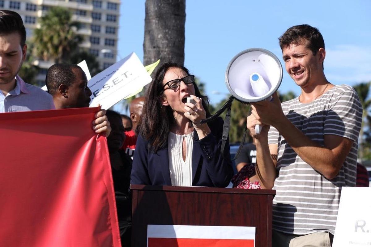 Wendi Walsh, secretary-treasurer of Unite Here Local 355, speaks during a press conference held by the hotel worker union on Wednesday, August 16, 2017, at the Indian Beach Parking Lot on 46th and Collins Avenue.