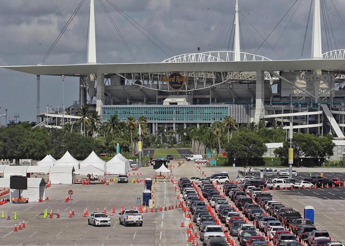 Motorist line up at Hard Rock Stadium for COVID-19 testing on Monday, July 13, 2020.