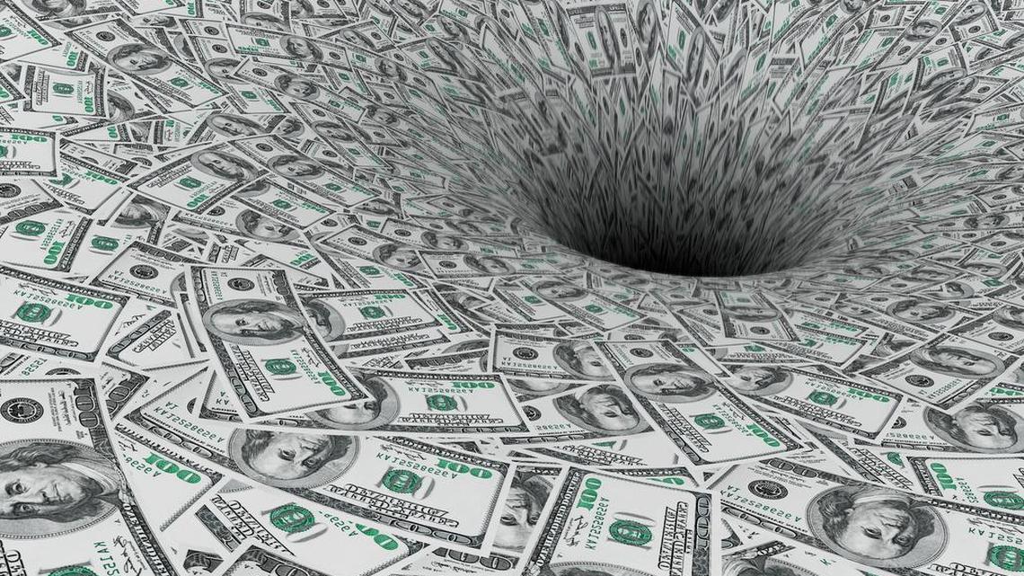 Crisis Concept. Money Flow in Black Hole extreme closeup