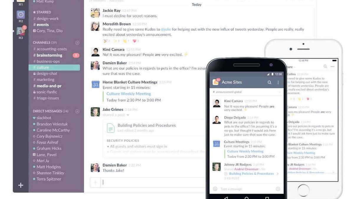 A photo illustration shows how Slack is a real-time messaging system. “View Slack as an opportunity to adapt and improve office operations,” says Luis Salazar. “It can help restore a sense of normalcy at a time when nothing seems routine.”