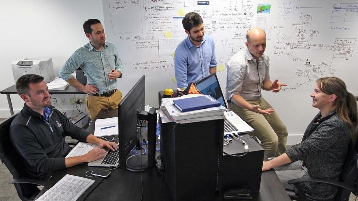 Left to right, Ben Feight, Yandi Quesada, Gerson Ramos, Ivan Rapin-Smith and Kat Markava of Watsco Ventures, photographed at the Watsco headquarters in Coconut Grove.