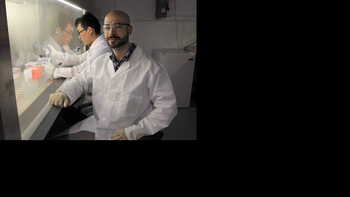 
HARD AT WORK: Entopsis cofounder Obdulio Piloto faces front, as Tingjun lead scientist Lei, Tingjun Lei works on some samples at Entopsis at the Hialeah Technology Center. They are developing a novel platform technology that can easily, cheaply and quickly be used to diagnose numerous diseases and other applications.
