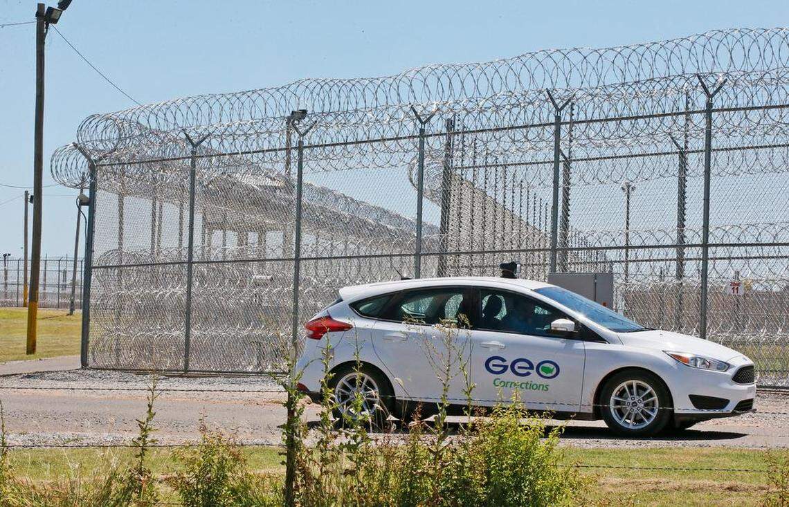A GEO corrections vehicle patrols outside of the Great Plains Correctional Facility in Hinton, Okla, Monday, July 10, 2017.