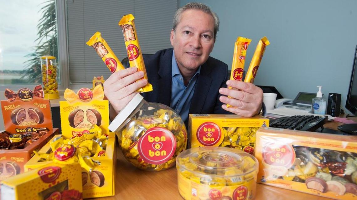 Andrés Alarcón, vice president for Arcor USA and Canada, with some of the company’s Bon o Bon products at the company’s regional headquarters in Miami.
