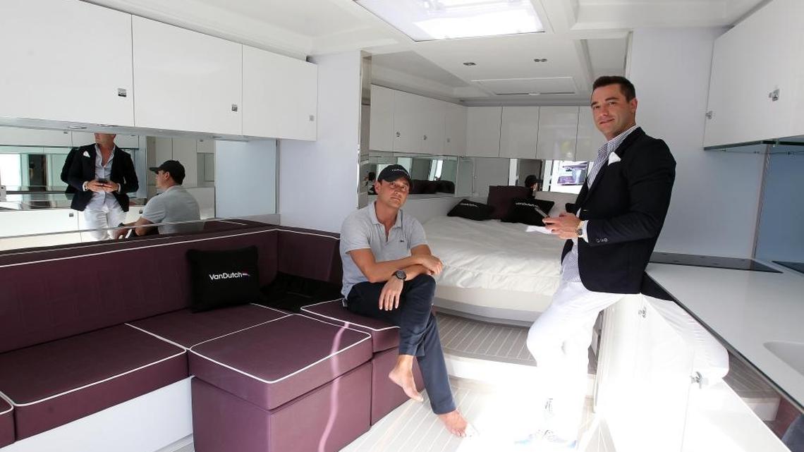 YachtLife co-founders Patrick Curley, left, and Nicholas Cardoza pose for the picture at River Yacht Club in Miami.