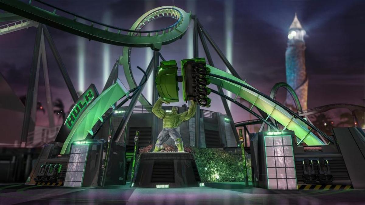 The new entrance to the Incredible Hulk Coaster, which was revamped in 2015-2016 and reopened with a sleek new ride vehicle, an original ride score, a new storyline and a completely redesigned queue experience.