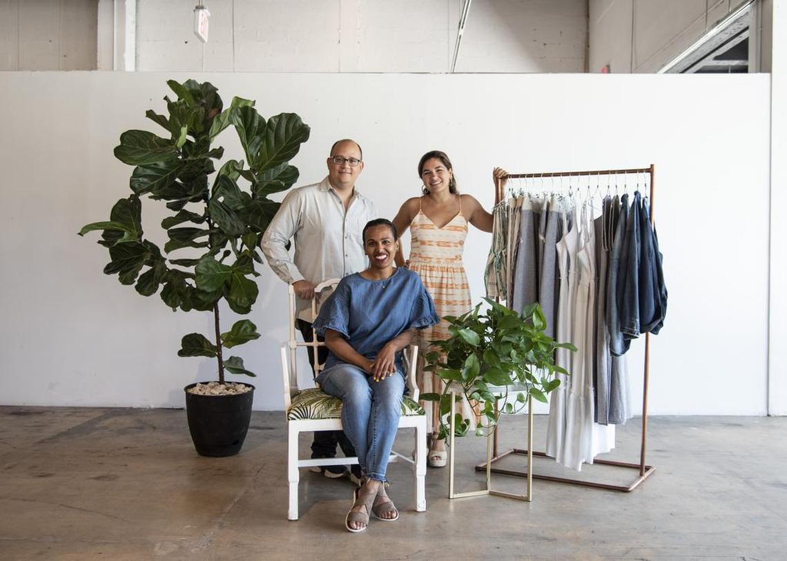 From left, Alvaro de Jesus, Nomad Tribe CEO and co-founder; Joanis Duran, Nomad Tribe director of operations; and Valeria Savino, Nomad Tribe designer and co-founder inside the Museum of Sustainability, a pop-up store and museum, inside The Citadel in Little Haiti on July 2, 2019. The space will hold Pivot, a permanent store focused on sustainable living.
