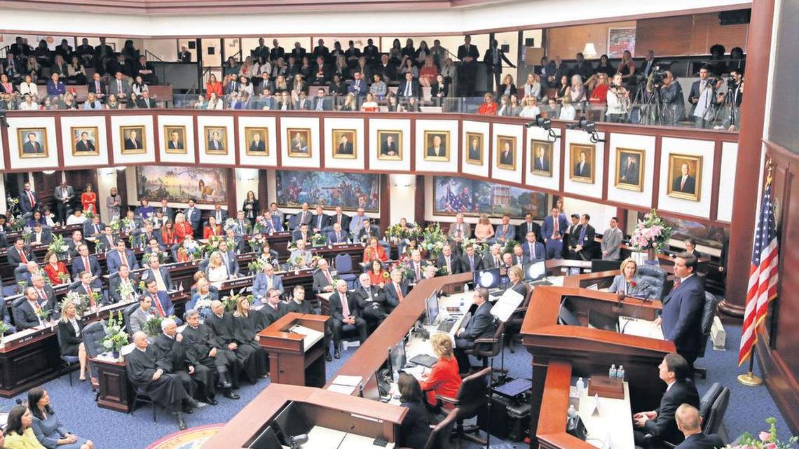 Florida Governor Ron DeSantis, right, addresses a joint session of the Florida Legislature on March 5, 2019, the first day of the 60-day session in Tallahassee, Fla.