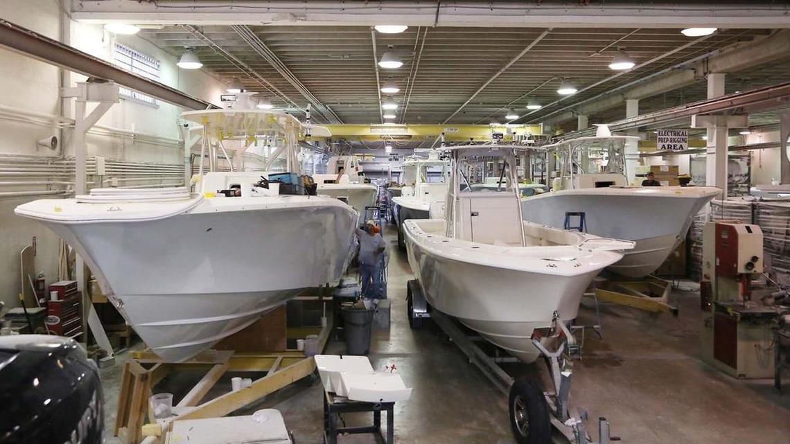 Every inch of the Doral facility is occupied by a custom boat in progress.