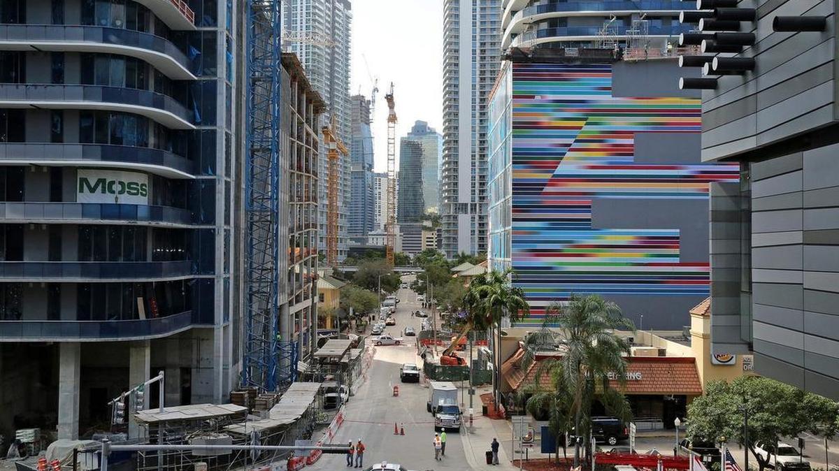The view from Brickell City Centre, a 9.1-acre, $1.5 billion mixed-use project, facing southbound toward Brickell Avenue skyscrapers.