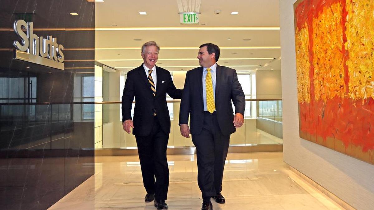 Bowman Brown, left, and Frank Rodriguez, the two lead partners at Shutts & Bowen, Miami’s oldest law firm, in their new sleek new offices earlier this month. .