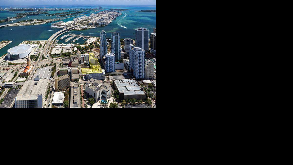 <cutline_leadin>BAYFRONT PLANS:</cutline_leadin> Property Markets Group paid $80 million to acquire 300 Biscayne Blvd., highlighted in yellow in the photo. The New York-based developer wants to build two towers —a condo and a rental —but also is considering selling part of the site and building only a bayfront condo.