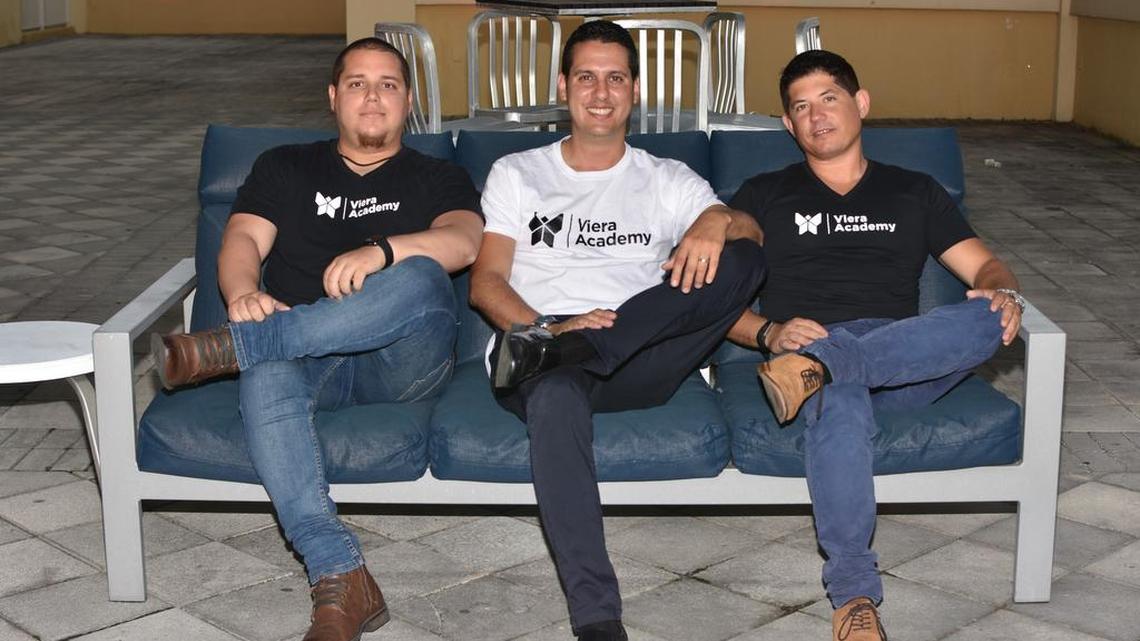 Viera Academy’s management team, from left: Carlos Raúl García, Yusnier Viera and Yamel Barroso. The company has created an online platform offering learning games and tutoring services.
