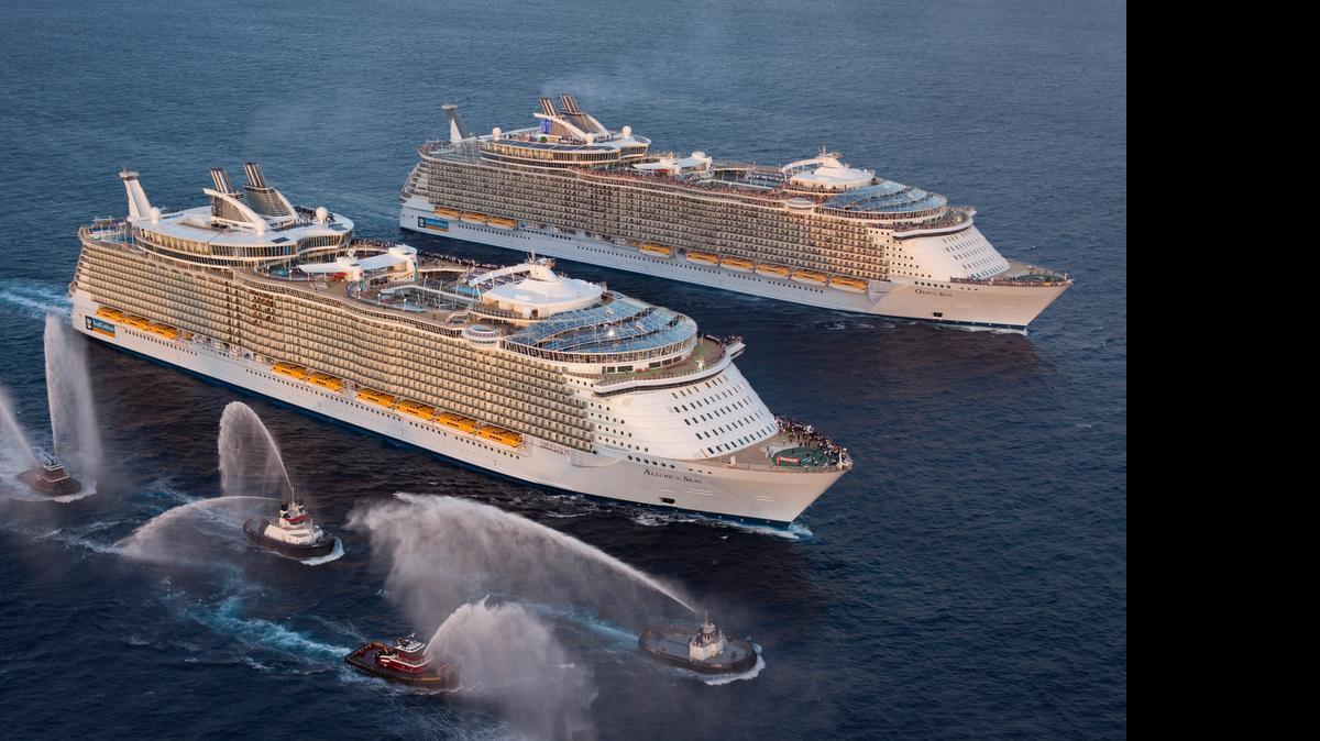 
Allure of the Seas and sister ship Oasis of the Seas, the largest cruise ships in the world, meet for the first time off the coast of Florida in November of 2012.
