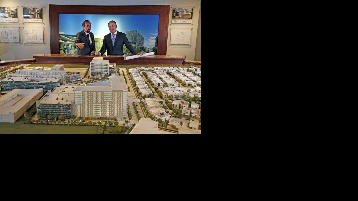 
Jorge Pérez chairman and CEO of Related Group, left, with Steve Patterson, president of Related Development, at the sales center for CityPlace Doral.


