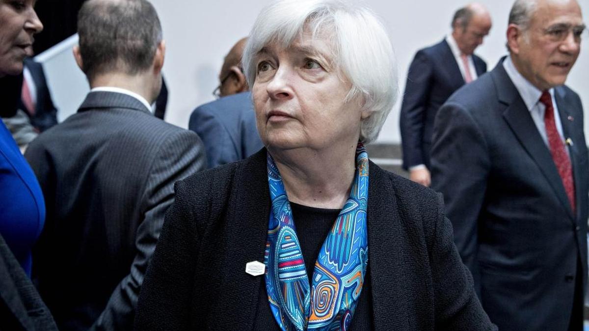 Janet Yellen, chair of the Federal Reserve, on the sidelines of the spring meetings of the IMF and World Bank in Washington, on April 21.