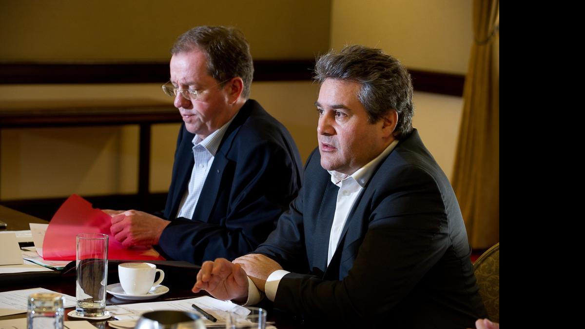 
Thomas Reuter, chief operating officer of air and sea logistics for Dachser Group, left, and Guido Gries, managing director for the Americas for the company, at the Biltmore Hotel, May 22, 2015, in Coral Gables.
