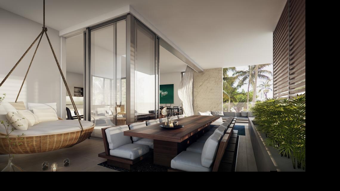 
An artist’s rendering of a large terrace at Louver House in South Beach. The terraces are designed to connect with indoor living space.
