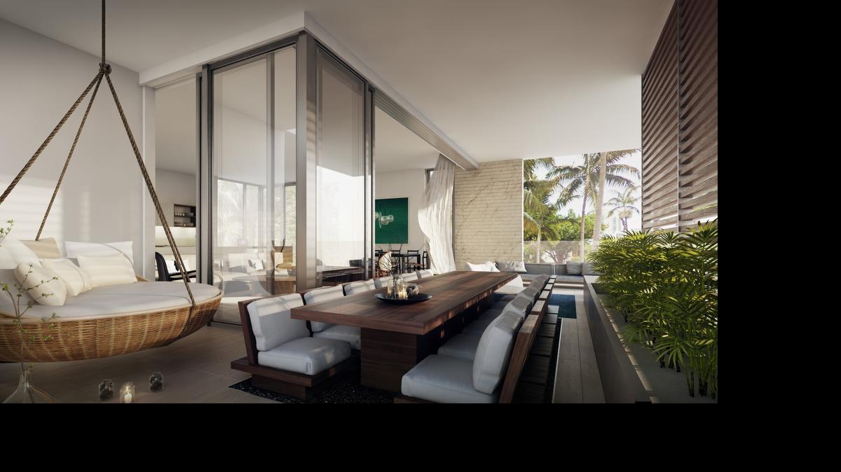 
An artist’s rendering of a large terrace at Louver House in South Beach. The terraces are designed to connect with indoor living space.
