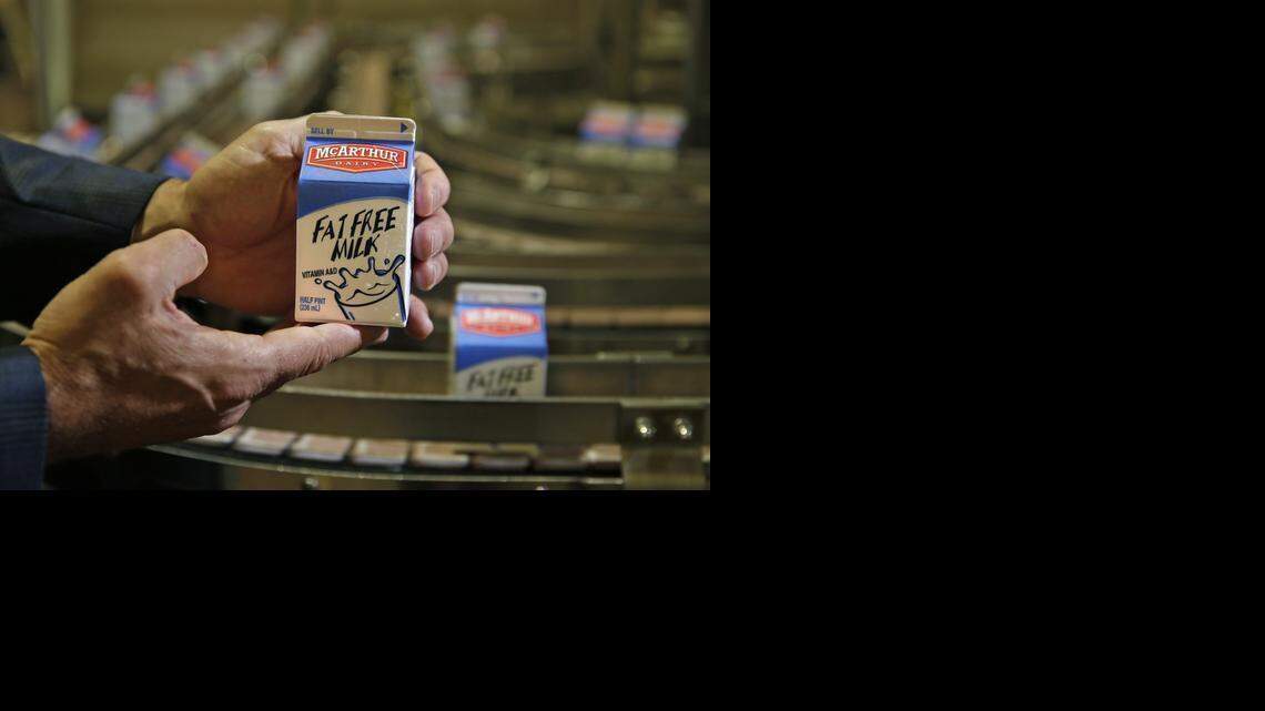 
A milk carton is shown at McArthur Dairy on Thursday, Feb. 19, 2015. 
