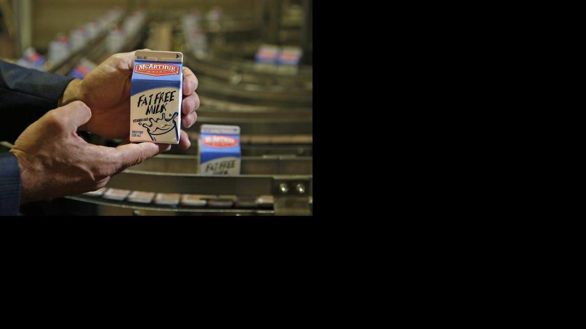
A milk carton is shown at McArthur Dairy on Thursday, Feb. 19, 2015. 
