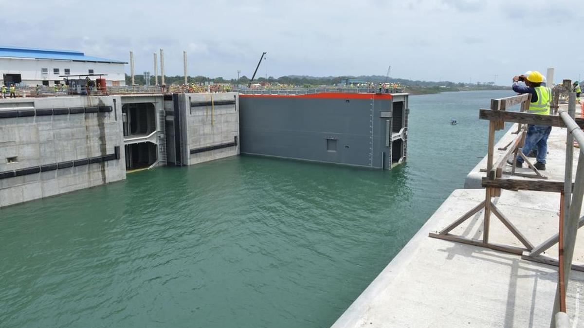 At the end of October, the expansion of the Panama Canal was 95 percent complete. Here water fills one of the new locks.