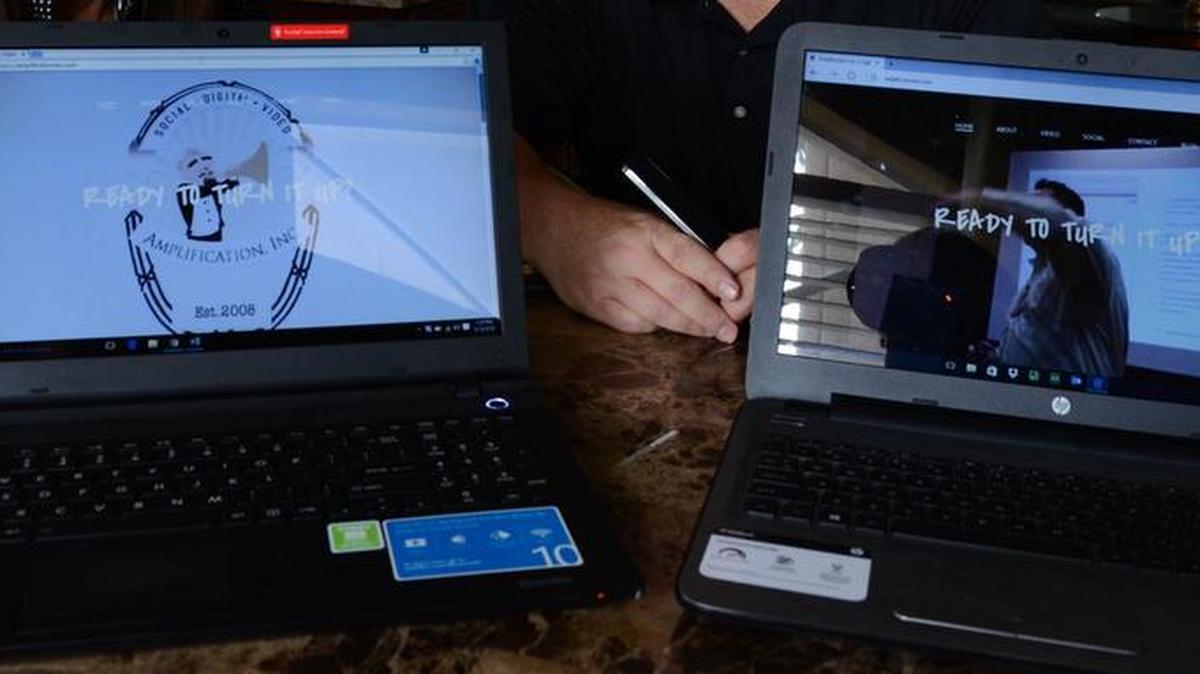 Amplification Inc.’s website plays across owners Marnie S. Hoppe and Steve Cabeza’s laptops. “We’re entrepreneurs, but neither of us came from that background, and it’s a different animal looking at from the business side,” Hoppe said. “That’s our biggest challenge right now.”