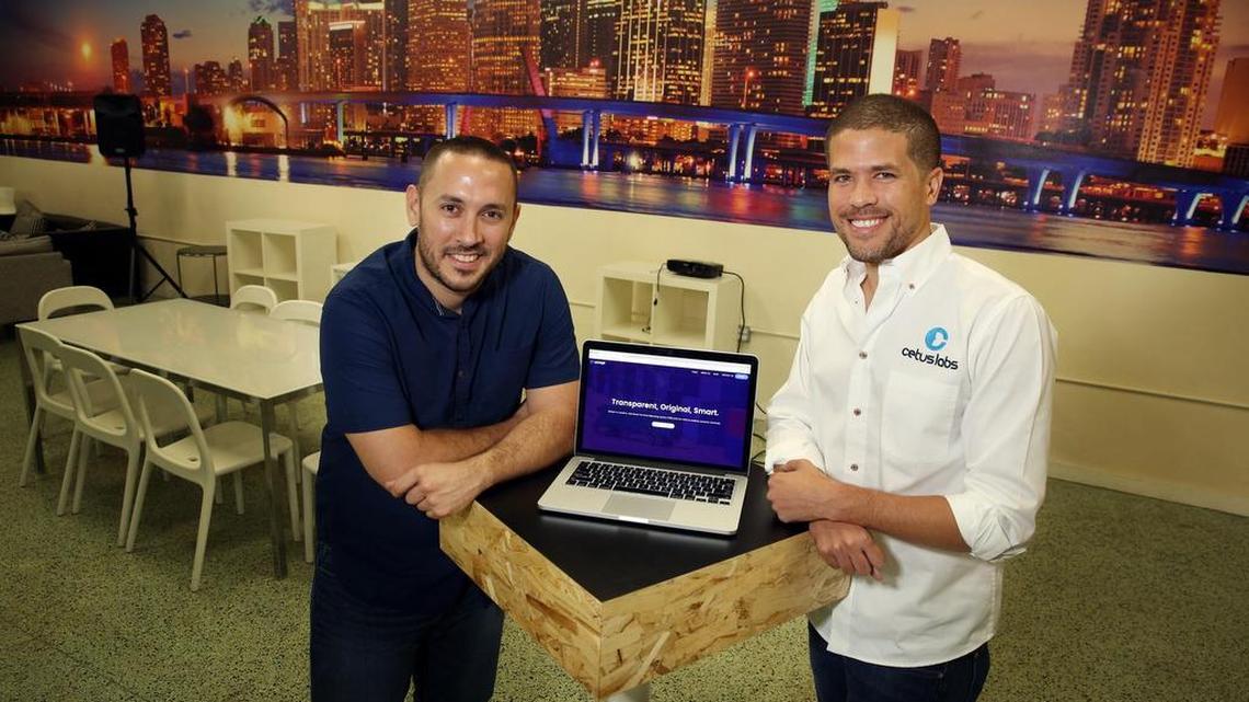 Guille Carlos and Luc Castera are the founders of Octopi, a tech company in the logistics industry. They are pictured at their company office at Venture Hive in downtown Miami.