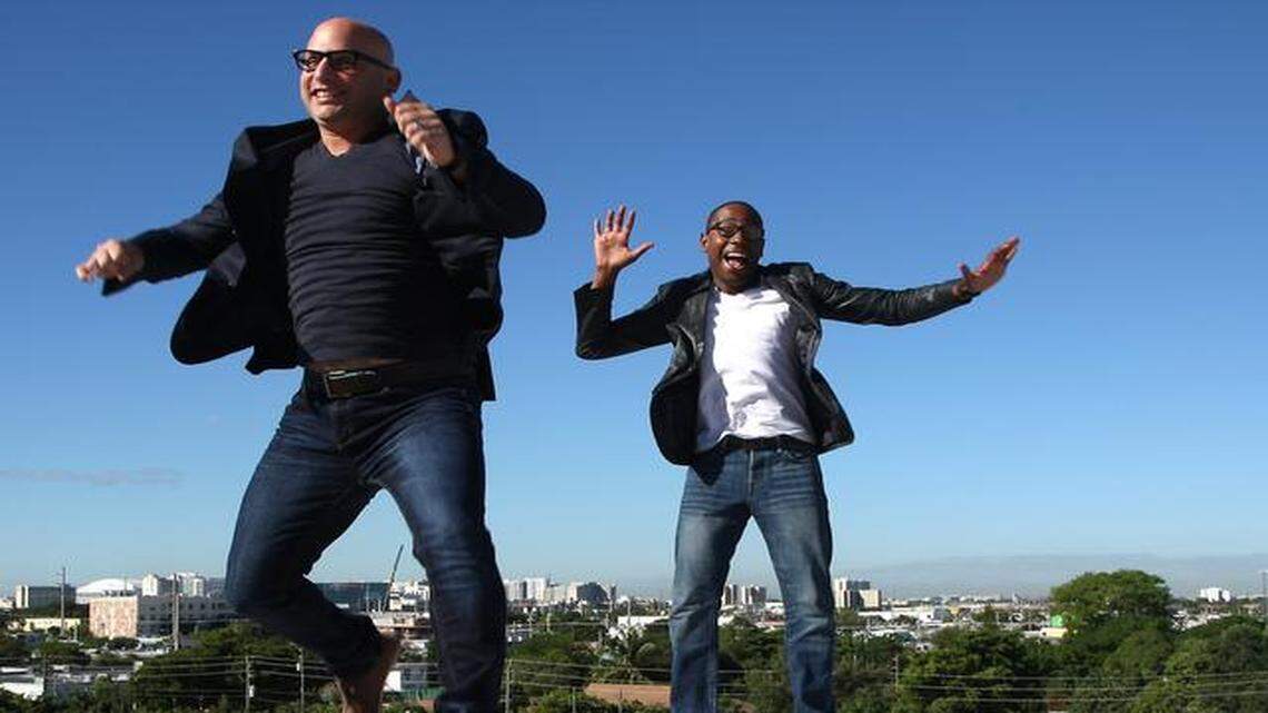 
Shaun Abrahamson, left, and Stonly Baptiste, right, have started Urban.Us, a network and a fund that help and invest in "urban tech" startups that help make like easier, greener and safer for people living in cities. The pair were photographed on the rooftop of the Cynergi building in Wynwood.
