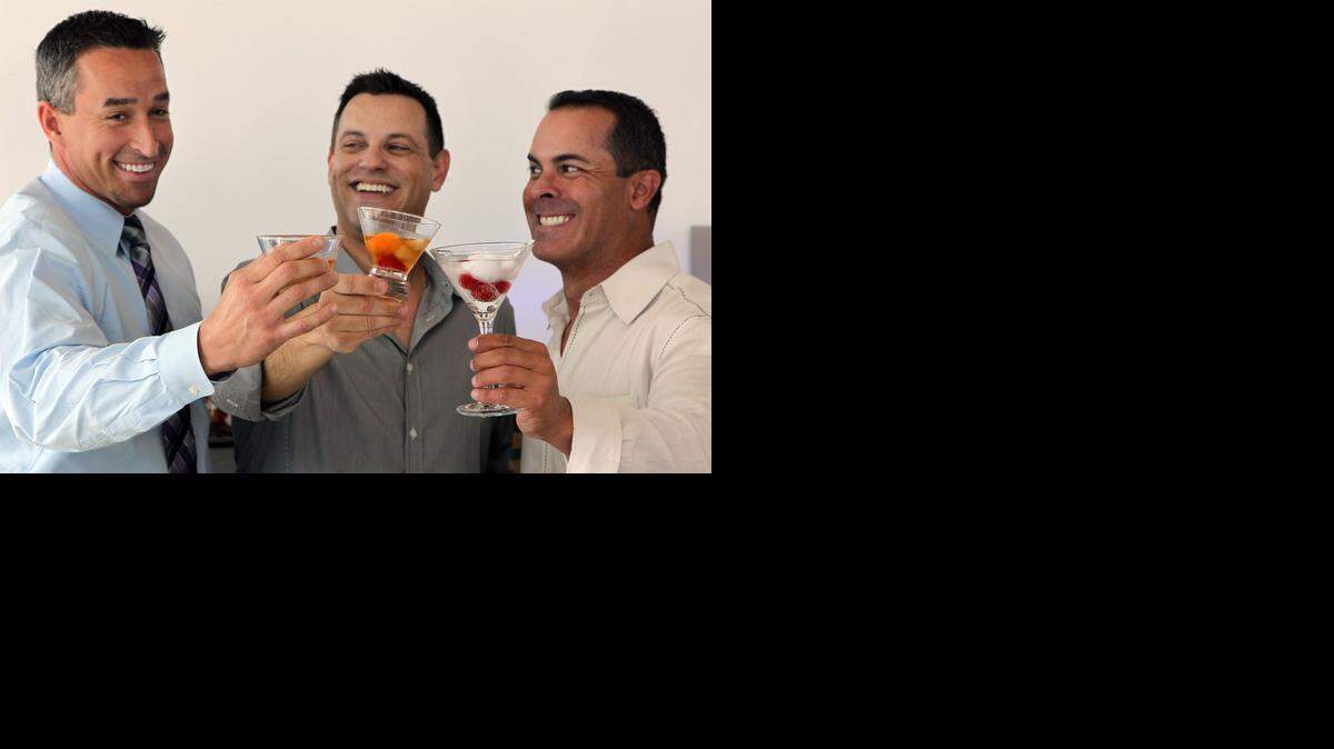 
DRINK UP: Jason Sherman, center, who founded Beyond Zero, a product that makes liquor ice cubes, is joined by team members Sean O’Brien, left, and Tim Couch.
