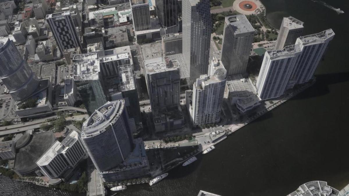 Aerial view of the future site of the Aston Martin Residences in downtown Miami.