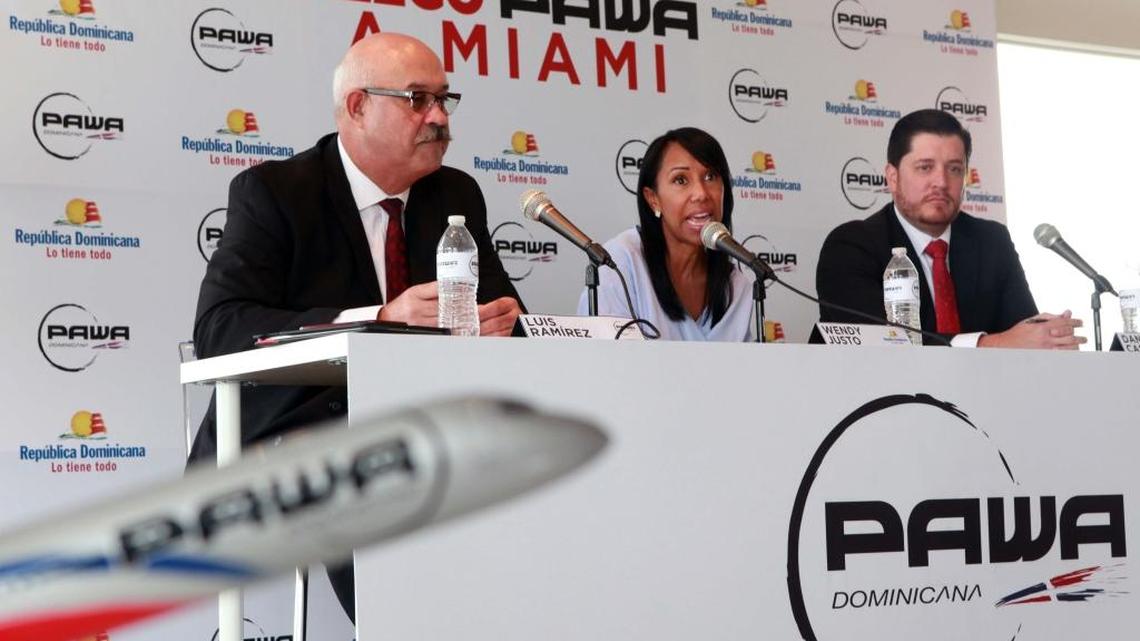 Dominican-based Pawa Dominicana announces the first commercial flights by a Dominican carrier to the U.S. in more than 20 years. Left to right, Luis Ramirez, chairman of Pawa Dominicana’s board of directors, Wendy Justo, director of the Dominican Republic office of tourism in Miami, and Daniel Castillo, Pawa Dominicana’s U.S. country manager, announce the new route at a press conference in Miami Wednesday.