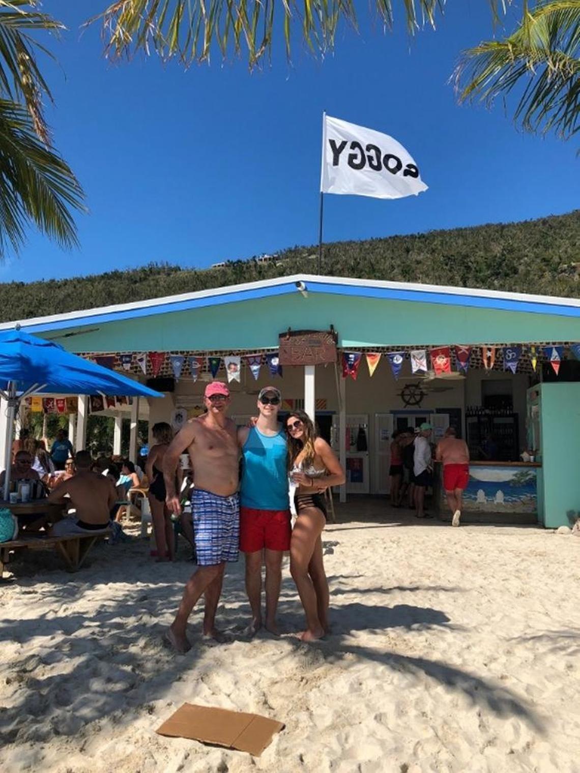 Chuck Meany and his two children, Shannon and Ryan, on Jost Van Dyke in the British Virgin Islands in early March 2018. The family took a boat from the U.S. Virgin Islands, where they stopped on a cruise, to the island.