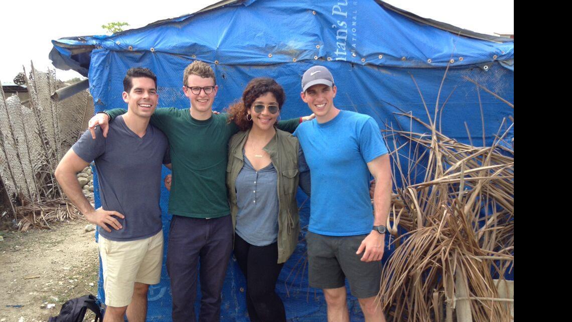 
The New Story co-founders: from left: Mike Arrieta, Matthew Marshall, Alexandria Lafci and Brett Hagler in front of one of the tents in Lévêque, Haiti.
