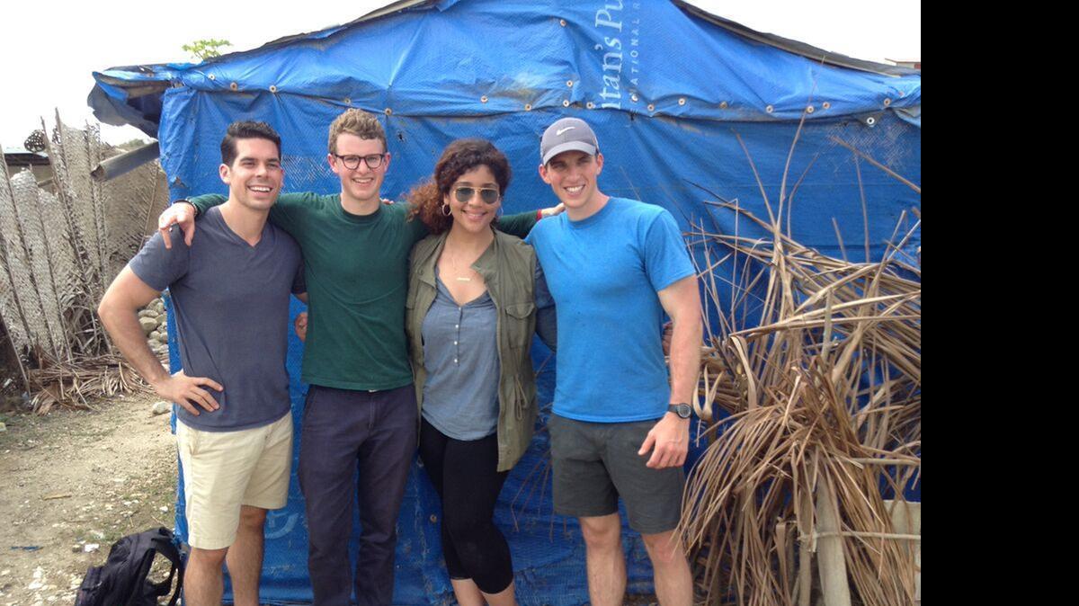 
The New Story co-founders: from left: Mike Arrieta, Matthew Marshall, Alexandria Lafci and Brett Hagler in front of one of the tents in Lévêque, Haiti.
