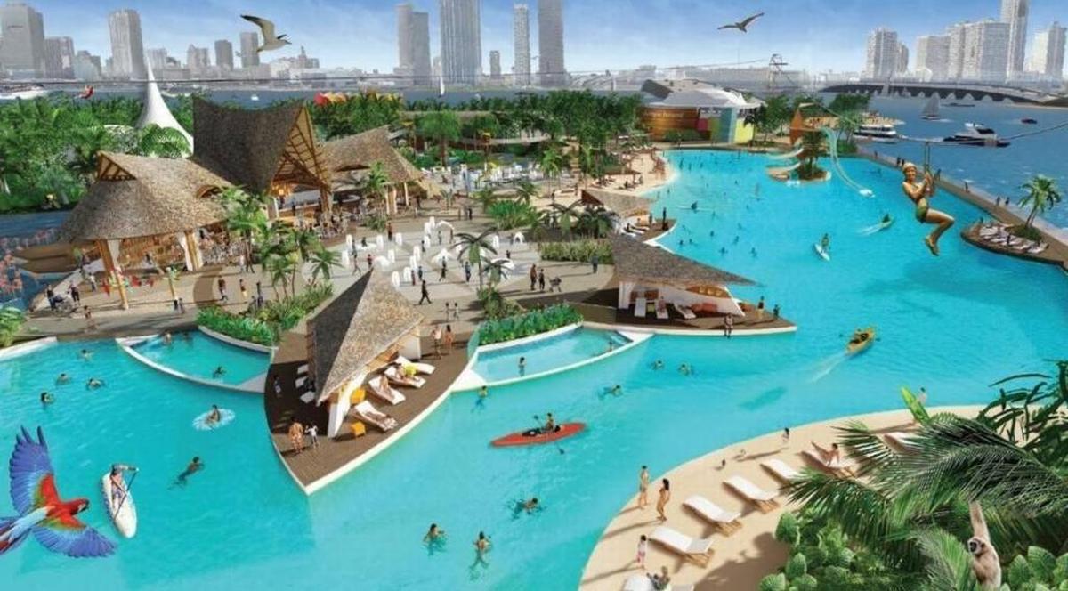 Rendering of the Crystal Lagoon at Jungle Island. Chilean company Crystal Lagoon predicts the man-made pool will be between eight- and 12-feet deep, and offer a variety of water sports.