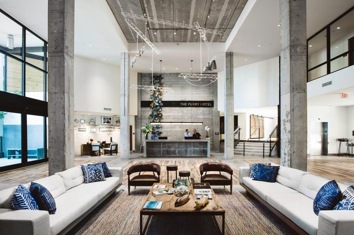 The lobby at The Perry Hotel Key West. Interiors were designed by Blaire Weiser, of Denver based firm Johnson Nathan Strohe. She is the granddaughter of famed Miami hotel developer Sherwood “Woody” Weiser.