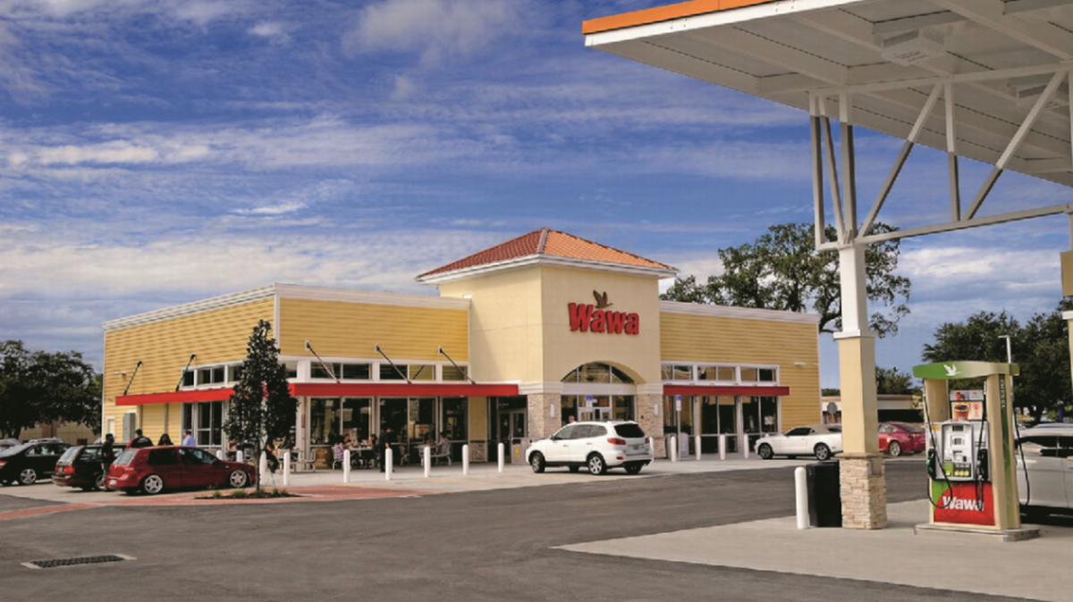 Rendering of the outside of a Florida Wawa convenience store.