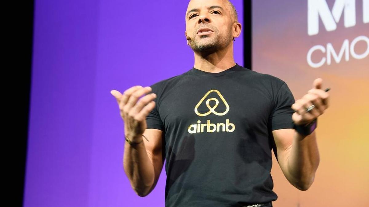Airbnb chief marketing officer Jonathan Mildenhall speaks in Los Angeles on Nov. 18.