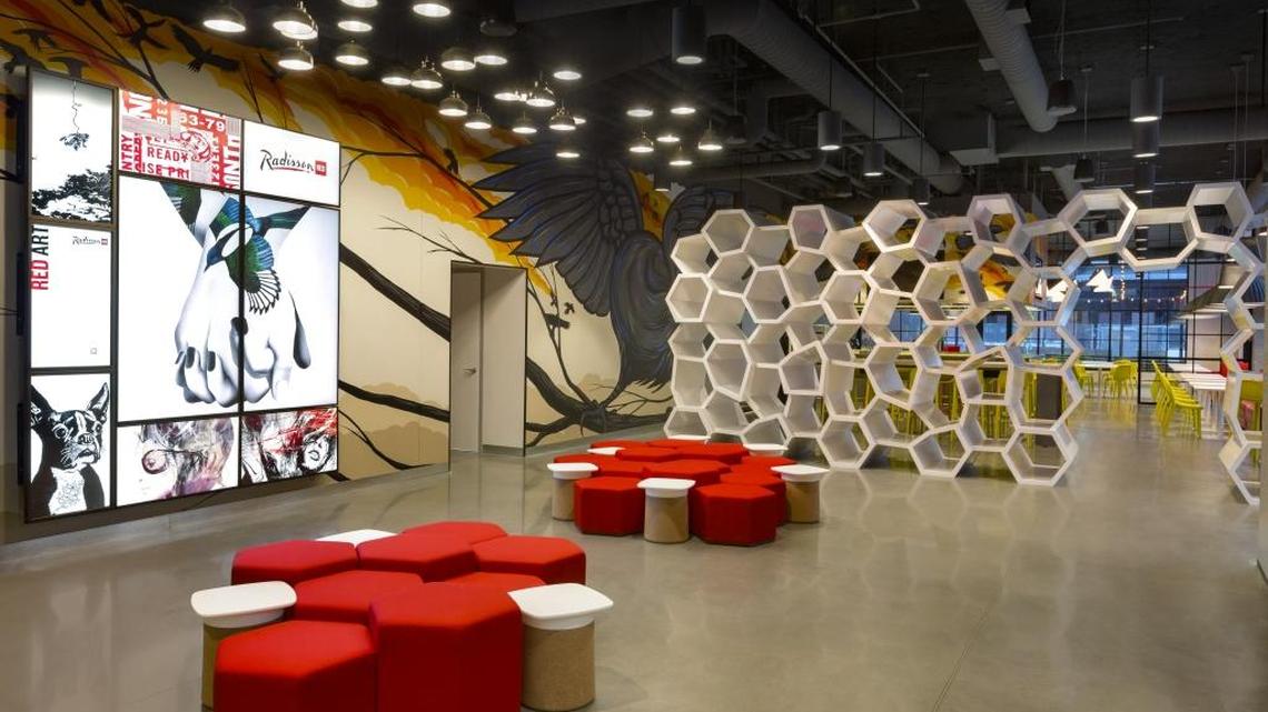 The lobby at the Radisson RED hotel in Minneapolis, Minnesota.