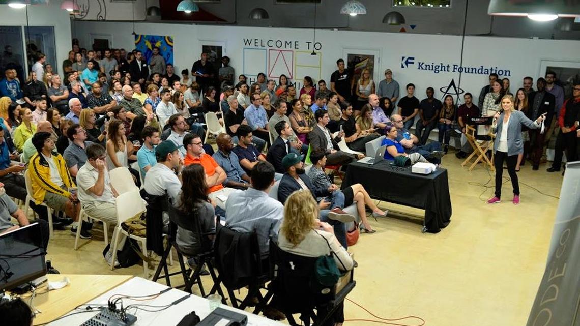 Each Wyncode coding school cohort ends with a Pitch Day, where students show the applications they built during the nine-week class. This one is at The LAB Miami in Wynwood.