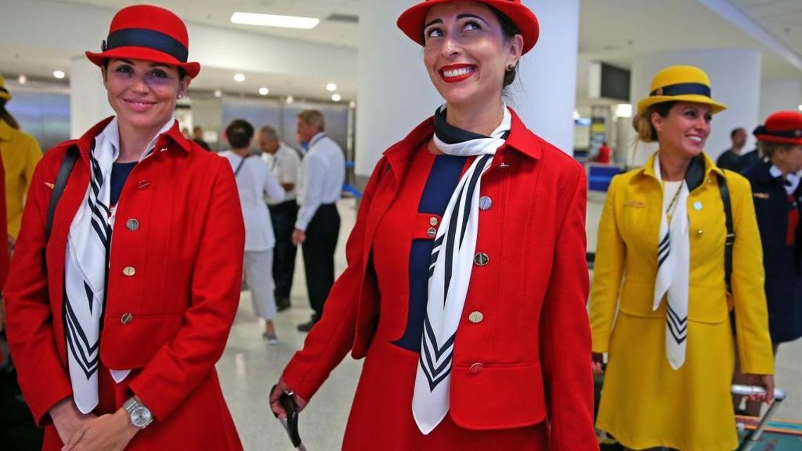 Flight attendant Angela Caldeira arrives with TAP Air Portugal’s flight to MIA on a 1970s-themed aircraft, including retro food service, music and safety video, August 11, 2017.