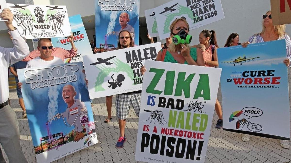 The Zika outbreak sparked town hall meetings and protests such as this one in September on the steps of Miami Beach City Hall against the use of the pesticide being sprayed in Miami Beach to combat the mosquito.