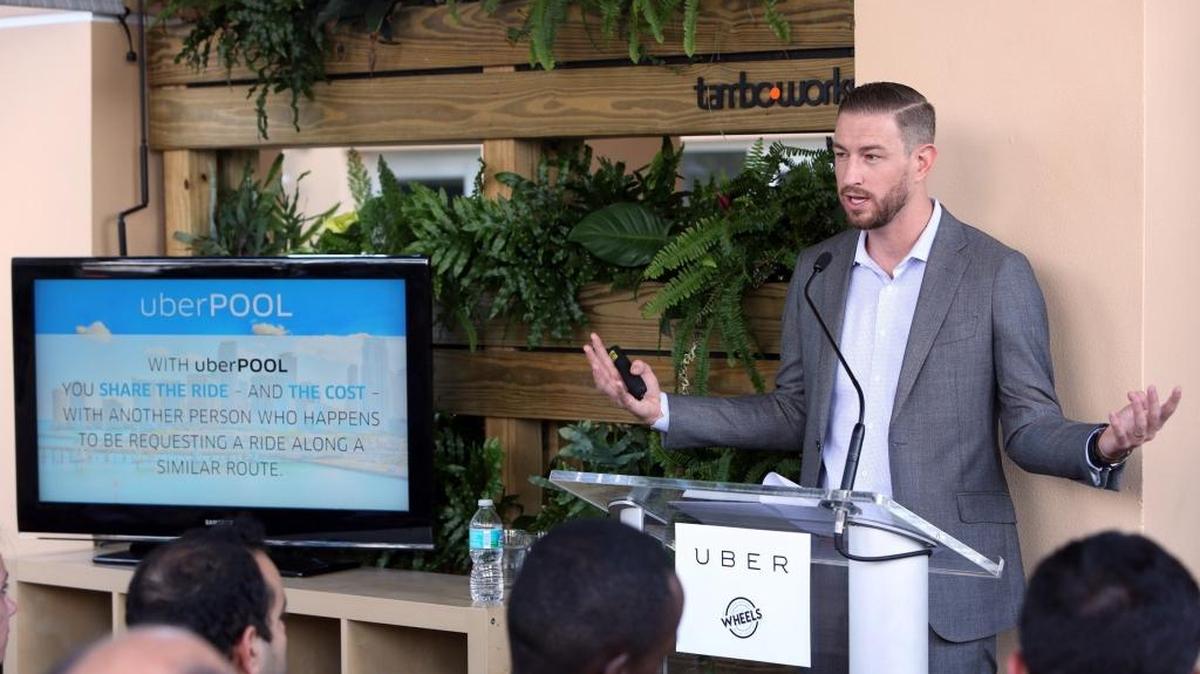 Ryan Graves, Uber’s Senior Vice President and Head of Global Operations, speaks in Miami, regarding uberPOOL, and how this new ride sharing option can help address Miami-Dade’s transportation issues Friday, Nov. 13, 2015. Designed to help save riders money, uberPOOL matches Uber riders heading in the same direction, reducing transportation costs dramatically. The new option also benefits Uber driver-partners by maximizing their efficiency earning money on longer trips, without the downtime between passengers.