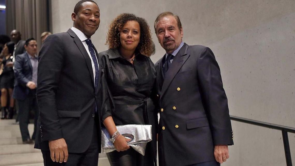 Jorge M. Pérez (far right), real estate developer, posed with Jessica and Franklin Sirmans, director of the Pérez Art Museum, during the third annual Reception for the PAMM Fund for African American Art in Miami, on Tues., Feb. 16, 2016.