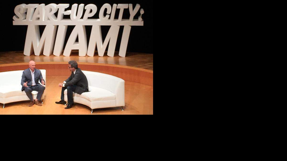 
Chef Tom Colicchio talks about restaurants as startups with urban affairs expert Richard Florida at Start-Up City: Miami on Monday. 
