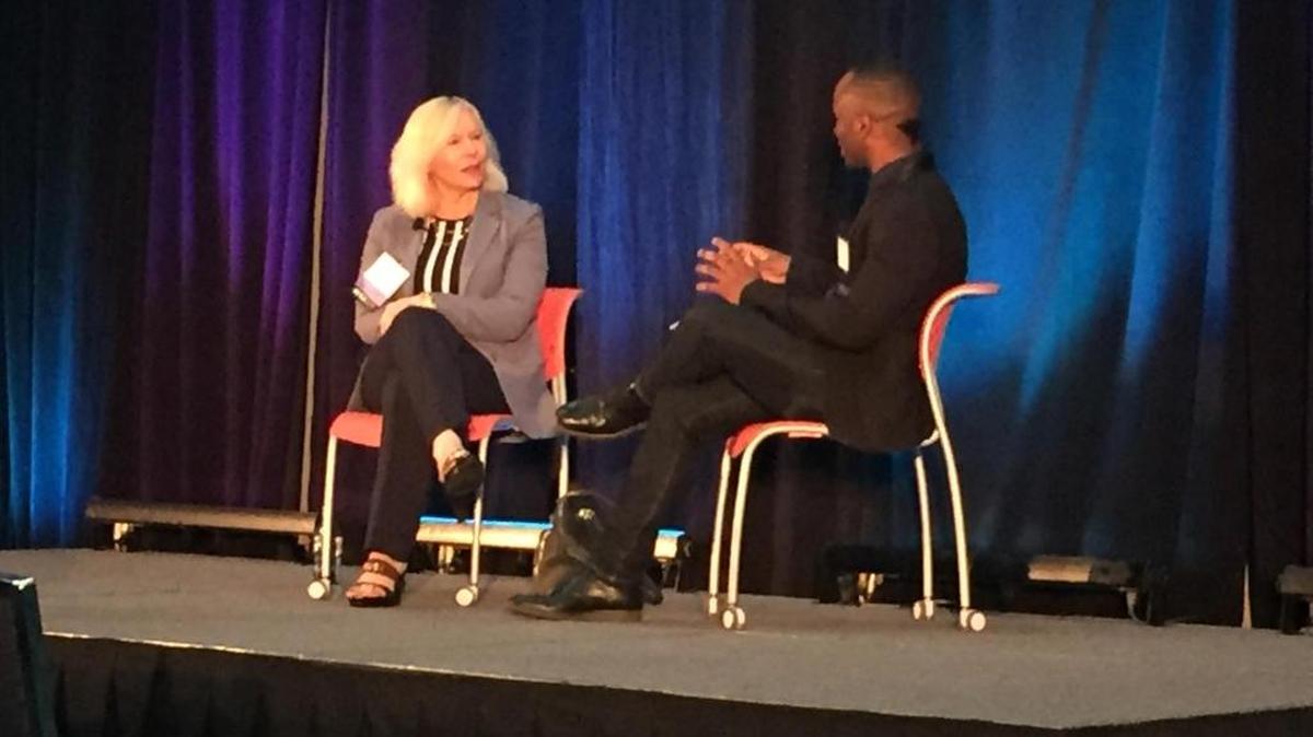 Carmen Castillo, CEO of SDI International of Fort Lauderdale, discusses her story with Chike Ukaegbu, founder of Startup52, an accelerator for diverse entrepreneurs, at SUP-X: The Startup Expo in Fort Lauderdale.