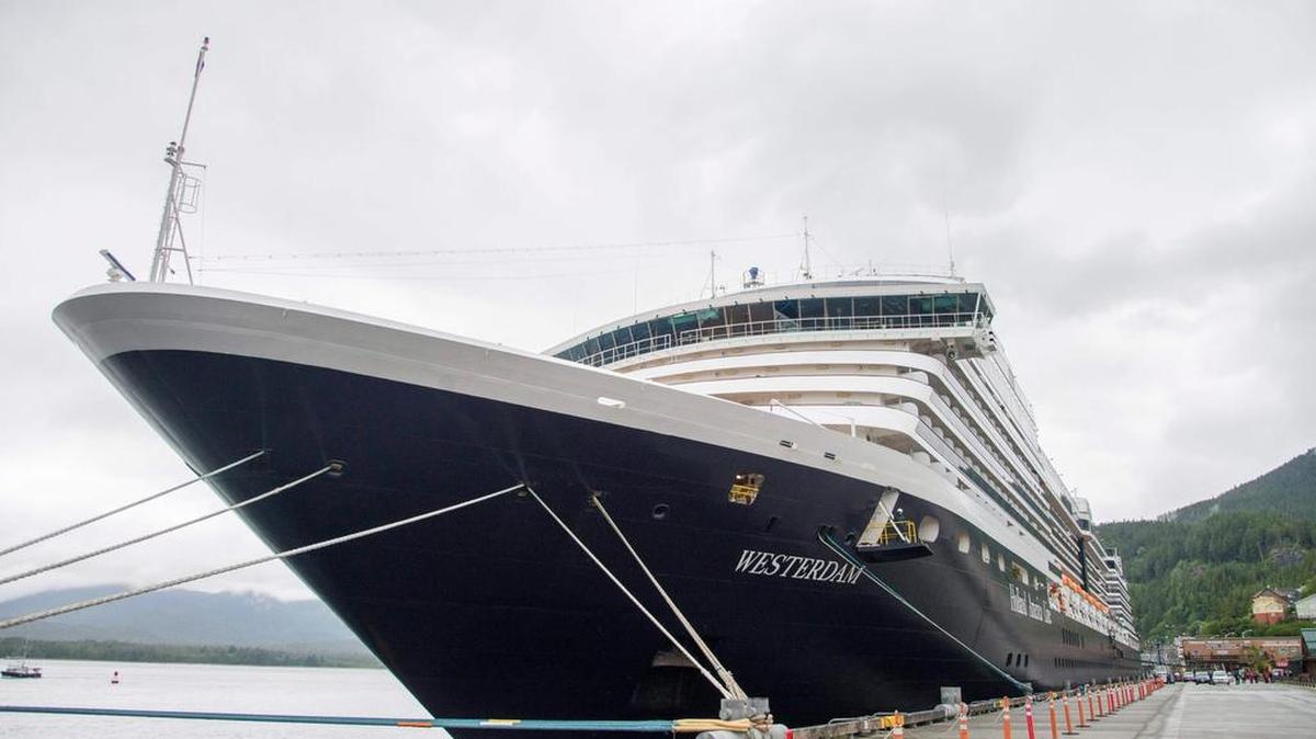 
The Holland America Line cruise ship Westerdam sits in dock in Ketchikan, Alaska, on Thursday, June 25, 2015. 
